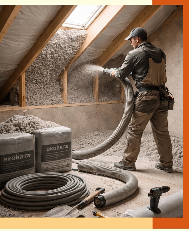 Утепление мансарды эковатой в Лыткарино от 2253 руб/м2 — монтаж, задувка, цена | ТепломастерЛтк
