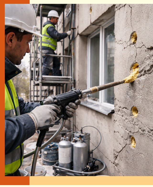 Заполнение пустот в фасаде и утепление стен в Лыткарино